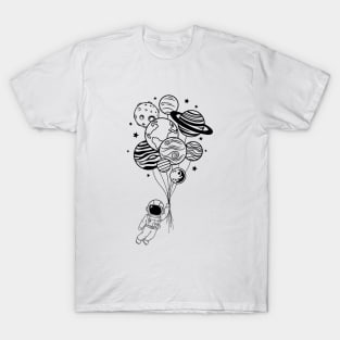 Astronaut Flying with Planet Balloons T-Shirt